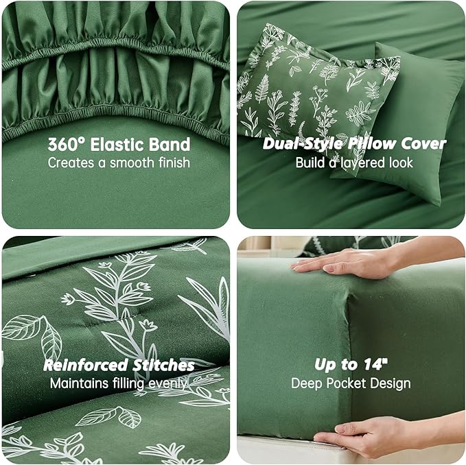 MUXHOMO Dark Green Cal King Comforter Set, Elegant Floral Print Bed in a Bag 7 Pieces, Ultra Soft & Breathable Reversible Botanical Pattern Bedding Set with Comforter, Sheets, Pillowcases, and Shams