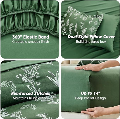 MUXHOMO Dark Green Twin Comforter Set, Elegant Floral Print Bed in a Bag 5 Pieces, Ultra Soft & Breathable Reversible Botanical Pattern Bedding Set with Comforter, Sheets, Pillowcase, and Sham