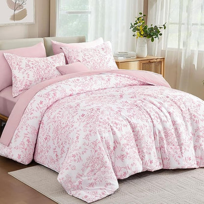 WONGS BEDDING King Size Comforter Set, 8 Pieces Pink Floral Bed in a Bag Comforter Sets, Botanical Print Soft Fluffy Microfiber Complete Bedding Sets for All Season (90"x104")
