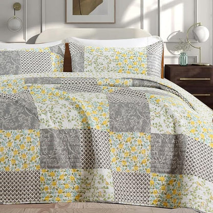Quilt Set Queen Size Floral Patchwork Quilted, Soft Comforter Set Bedding Sets, Coverlet Bedspread Decorative Quilts with 2 Pillow Shams 90"x90"