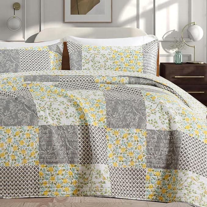 Quilt Set Twin Size Floral Patchwork Quilted, Soft Comforter Set Bedding Sets, Coverlet Bedspread Decorative Quilts with 1 Pillow Sham 68"x90"
