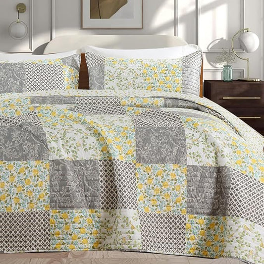 Quilt Set Twin Size Floral Patchwork Quilted, Soft Comforter Set Bedding Sets, Coverlet Bedspread Decorative Quilts with 1 Pillow Sham 68"x90"