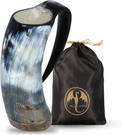 Viking Coffee Mug 12oz | Handcrafted Real Ox Horn | Food Grade Polished Finish | Hot & Cold Drink Safe | Unique Norse Medieval Coffee Mug | Viking Gift for Men & Women (Plain)