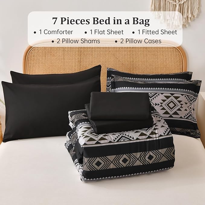 Anibedding Black Comforter Set Queen Size,7 Pieces Boho Striped Bed in a Bag Aztec Western Bedding Set, Soft Microfiber Farmhouse Bed Comforter Set for All Season