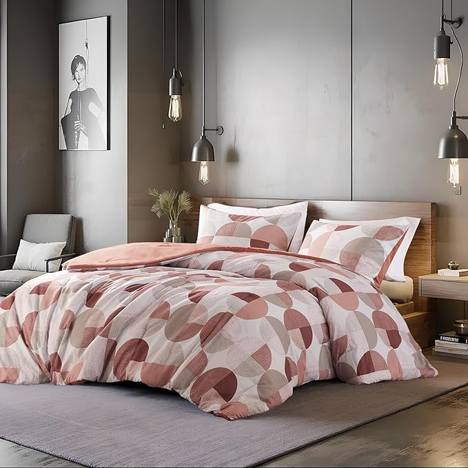 Stylish Three-Tone Printed Queen Size Comforter Set, 3 Pieces Ultra-Soft Microfiber Bedding Set, Warm and Cozy Comforter for All Seasons, Terracotta Blush