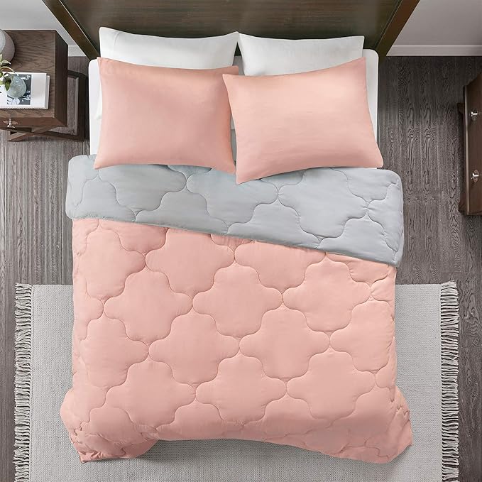 Comfort Spaces Vixie Reversible Comforter Set - Trendy Casual Geometric Quilted Cover, All Season Down Alternative Cozy Bedding, Matching Sham, Coral/Gray, Twin/Twin XL 2 piece