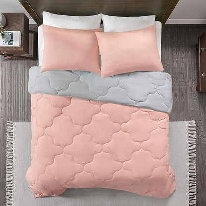 Comfort Spaces Vixie Reversible Comforter Set - Trendy Casual Geometric Quilted Cover, All Season Down Alternative Cozy Bedding, Matching Sham, Coral/Gray, Twin/Twin XL 2 piece