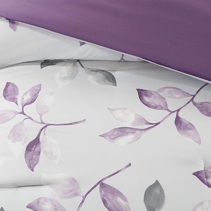 Madison Park Essentials Cozy Bed In A Bag Comforter with Complete Cotton Sheet Set - Trendy Floral Design All Season Cover, Decorative Pillow, Twin(68"x86"), Leaf Purple 9 Piece
