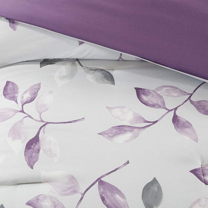 Madison Park Essentials Cozy Bed In A Bag Comforter with Complete Cotton Sheet Set - Trendy Floral Design All Season Cover, Decorative Pillow, Twin(68"x86"), Leaf Purple 9 Piece