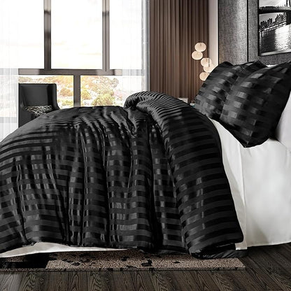 Whale Flotilla 2-Piece Reversible Silky Soft Twin Size Comforter Set, Luxury Stripe Satin Comforter Bedding Set with Satin Pillowcase, Lightweight Duvet for All Seasons, Black