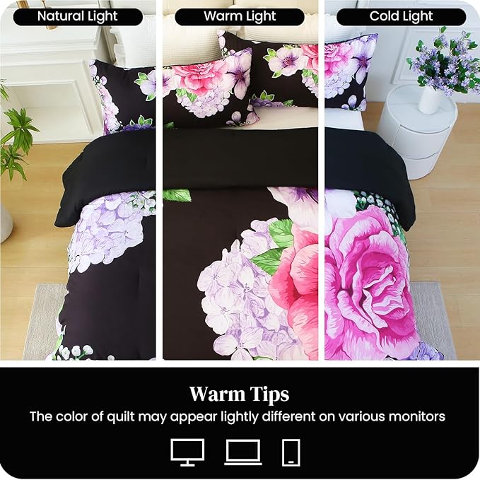 Floral Comforter Set Queen Size, 3 Pieces Elegant Black Floral Bed in a Bag, Soft Microfiber Botanical Flower Bedding Set with 2 Pillowcases for All Season 90"×90"