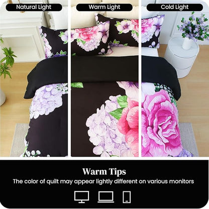 Floral Comforter Set Queen Size, 3 Pieces Elegant Black Floral Bed in a Bag, Soft Microfiber Botanical Flower Bedding Set with 2 Pillowcases for All Season 90"×90"