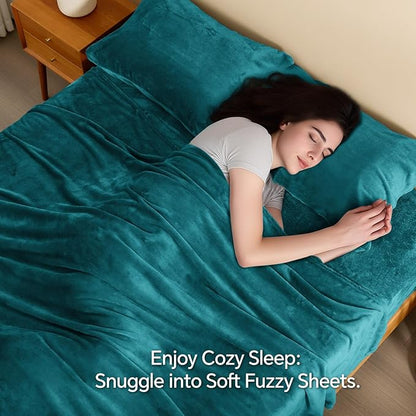 BEDELITE Flannel Sheets King Size Teal - Super Soft Fleece Sheets Set Fluffy Extra Plush, 4 Piece(Include Fitted Sheet, Flat Sheet, 2 Pillowcases)