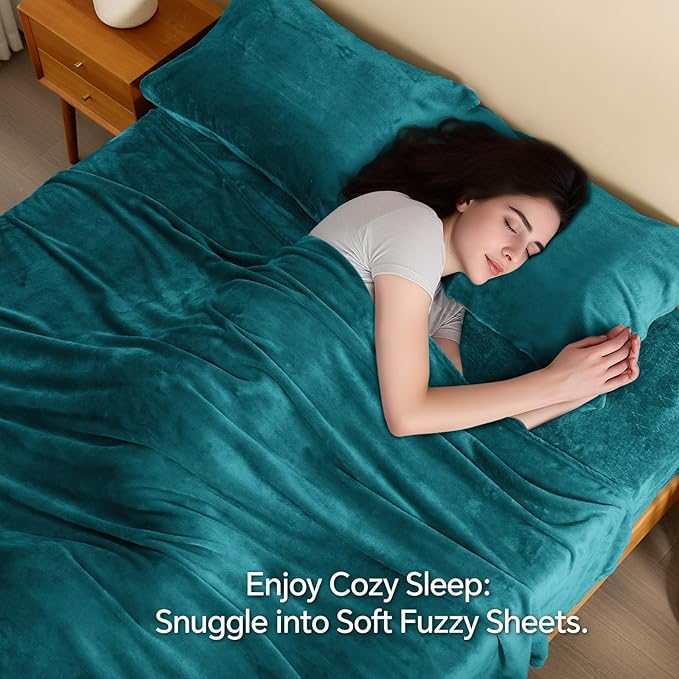 BEDELITE Flannel Sheets Full Size Teal - Super Soft Fleece Sheets Set Fluffy Extra Plush, 4 Piece(Include Fitted Sheet, Flat Sheet, 2 Pillowcases)