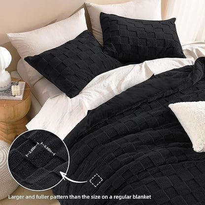 Litanika Fluffy Full Size Comforter Set Black, 3 Pieces Warm Sherpa Fleece Winter Bedding Set,Jacquard Checkered Plush Fuzzy Bed Set(1 Comforter, 2 Pillowcases)