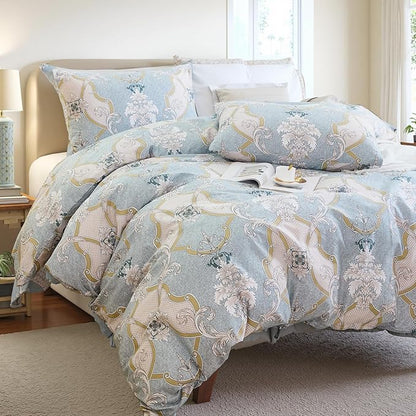 100% Natural Cotton Comforter Set King 3 Pcs Grayish Blue Bedding Sets with Luxurious Damask Pattern, Reversible Breathable Soft Comforter Sets for All Season