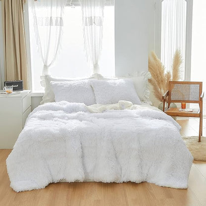 Flysheep Luxury Faux Fur King Size Winter Comforter Set Shaggy Velvet Pure White Long Hair, 3 Pieces Plush Flannel Sherpa Backing Reversible Soft Microfiber Super Warm Bedding Set for Holiday