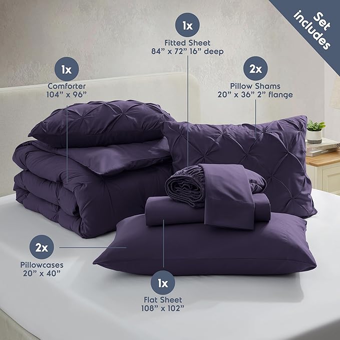 Nestl California King Comforter Set 7 Piece - Pintuck Cal King Comforter Set Purple, California King Bed in a Bag, All Season Bed Set with Flat Sheet and Fitted Sheet, Pillowcases and Shams