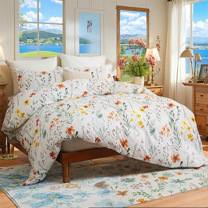 Floral Comforter Set Queen Size, 100% Nature Cotton 3 Pcs Garden Floral Aesthetic Bedding Set Ultra Soft&Breathable Cottagecore Botanical Comforter