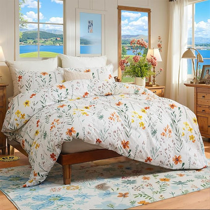 Floral Comforter Set King Size, 100% Nature Cotton 3 Pcs Garden Floral Aesthetic Bedding Set Ultra Soft&Breathable Cottagecore Botanical Comforter
