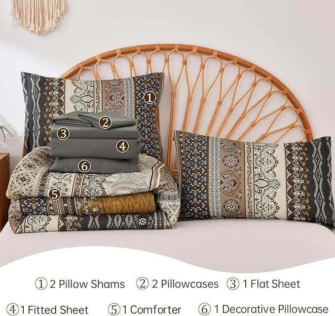 Cottolester Boho Comforter Set Full Size 8 Pieces,Brown Black Bohemian Comforter Paisley Striped Bed in A Bag,Soft Microfiber Bedding Set for All Season