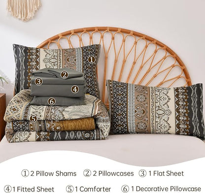 Cottolester Boho King Comforter Set 8 Pieces,Brown Black Bohemian Comforter Paisley Striped Bed in A Bag,Soft Microfiber Bedding Set for All Season