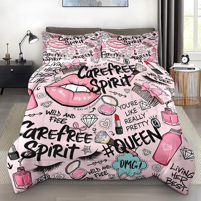 Comforter Set Queen Size, Makeup Pink Queen Soft 3 Pcs Bedding for Kids and Adults, Women Diamond Cute Comforter Set with Pillowcase, for Bedroom Bed Decor