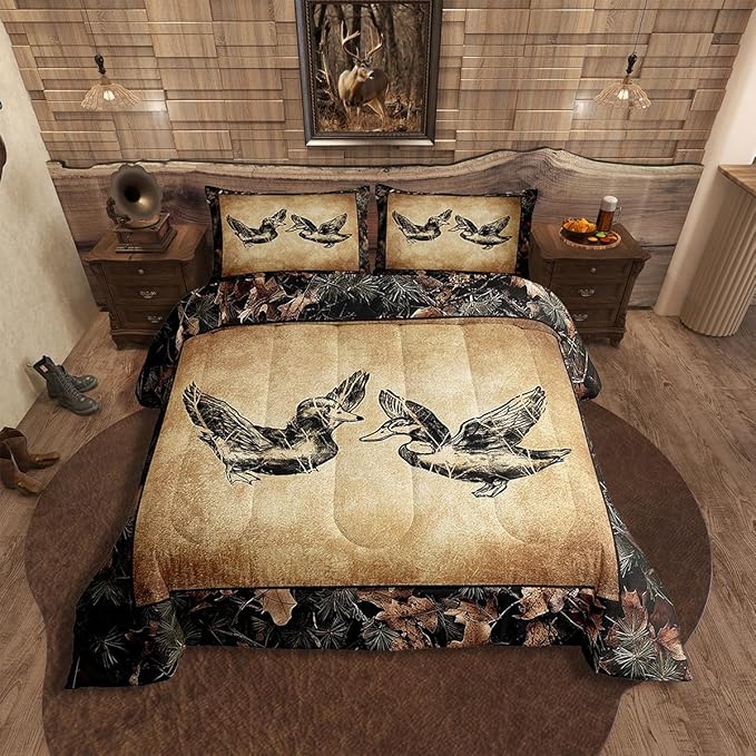 Erosebridal Hunting Duck Comforter Set Twin Tree Branch Camo Mallard Duck Bedding Set for Hunter,Rustic Farmhouse Cabin Bedding Comforter Sets for Boys Men,Camouflage Wildlife Animal Quilt Set