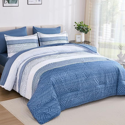 Drucon 7 Piece Striped Comforter Set King Size Light Blue Bed in a Bag, Soft Microfiber Complete Bedding Set with Sheets for All Season