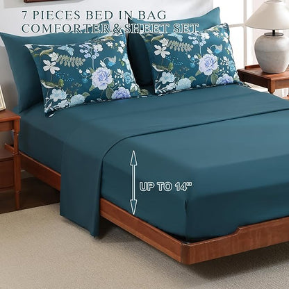 Anibedding 7Pieces Floral Queen Size Comforter Set, Garden Plant Flower Style Bed in a Bag Blue Bedding Comforter Set with Pillow Case for Bedroom