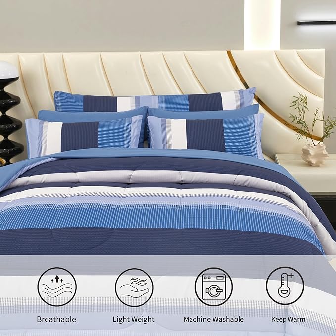 RYNGHIPY Navy Blue Comforter Set Full Size: 8 Pieces Bedding Set Colorblock Stripe Lightweight Soft All Season Comforter Sets with Sheets Pillowcases (Full,Navy)