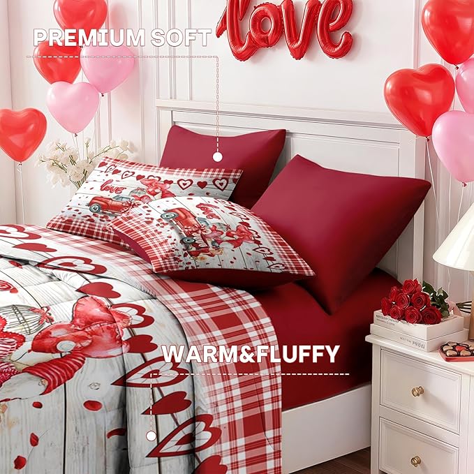 Nesker 7 Pcs Valentine's Day Comforter Set Queen Size, Romantic Heart Truck Bedding Set for Kids and Adults, Sweet Love Gnomes Sheets Bed Sheet Sets with Fitted Sheet 2 Pillowcases & 2 Shams