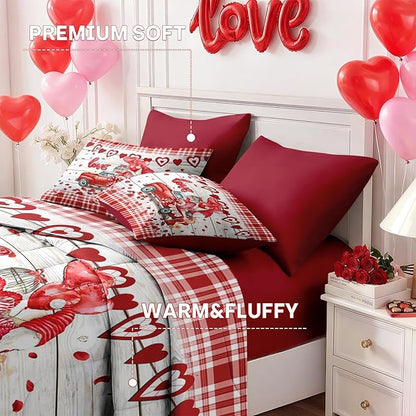 Nesker 7 Pcs Valentine's Day Comforter Set Queen Size, Romantic Heart Truck Bedding Set for Kids and Adults, Sweet Love Gnomes Sheets Bed Sheet Sets with Fitted Sheet 2 Pillowcases & 2 Shams