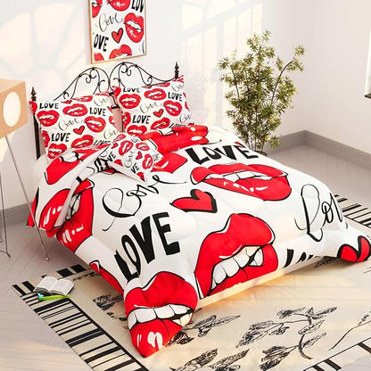 Namoxpa6 Pieces Love Themed Comforter Sets for Teens Girls,3D Red Lip Pattern,Decorative 6 Piece Bedding Sets with Comforter,Flat Sheet,Fitted Sheet,Throw Pillow Cover,Pillow Shams,Full Size
