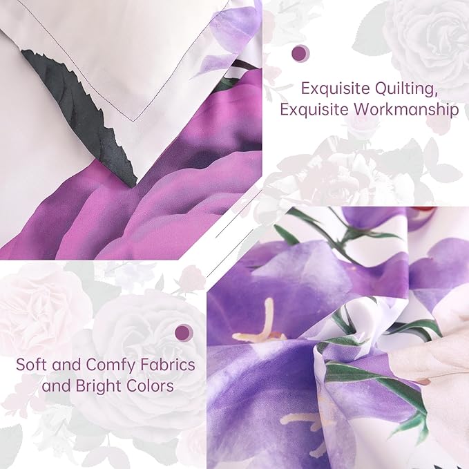 Drucon Purple Floral Comforter Queen Size 7 Pieces Bedding Sets Bed in a Bag, Botanical Floral Comforter with Sheet Set, Soft Microfiber Bedding Set for All Season(Purple, 90"x90")