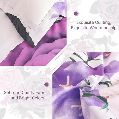 Drucon Purple Floral Comforter King Size 7 Pieces Bedding Sets Bed in a Bag, Botanical Floral Comforter with Sheet Set, Soft Microfiber Bedding Set for All Season(Purple, 104"x90")