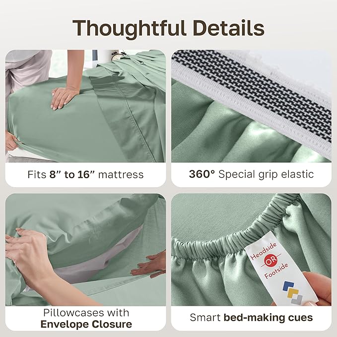 California Design Den 100% Egyptian Cotton Sheets Queen Size Set - Certified Authentic Luxury Deep Pocket Queen Sheets, Soft Sateen, Durable and Breathable Bedding Set for Hot Sleepers - Mint Green