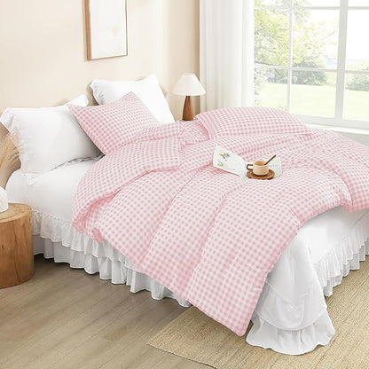 Andency Pink Gingham Comforter Set Full(79x90Inch), Blush Checkered Grid Plaid Buffalo Bed Set for Girls Boys Kids Teens, 3 Pieces Lightweight Microfiber Geometric Preppy Bedding