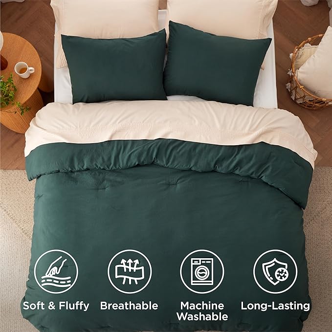 Bedsure Full Comforter Set, Forest Green Soft Prewashed Bedding for All Seasons, 3 Pieces GentleSoft™ Bed Set, 1 Lightweight Comforter (82"x86") and 2 Pillowcases (20"x26")