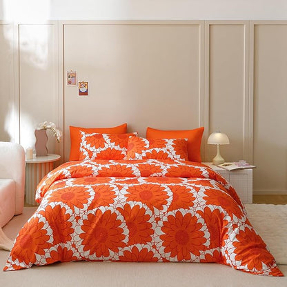 CLOTHKNOW Orange Twin Comforter Set 3Pcs Sunflower Bedding Comforter Sets Dark Orange White Farmhouse Botanical Comforter with 2 x Pillow Cases