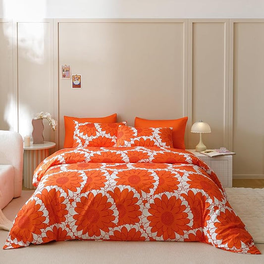 CLOTHKNOW Orange Twin Comforter Set 3Pcs Sunflower Bedding Comforter Sets Dark Orange White Farmhouse Botanical Comforter with 2 x Pillow Cases