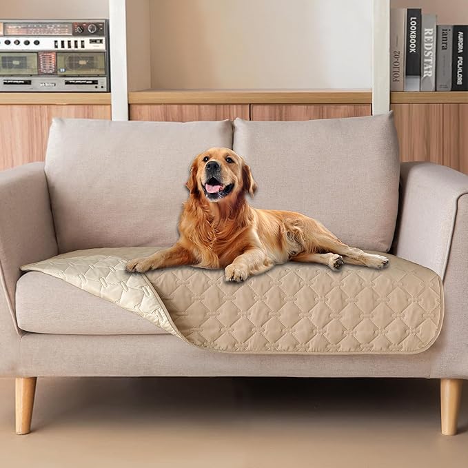gogobunny 100% Double-Sided Waterproof Dog Bed Cover Pet Blanket Sofa Couch Furniture Protector for Puppy Large Dog Cat, Reversible (32x53 Inch (Pack of 1), Dark Beige/Light Beige)