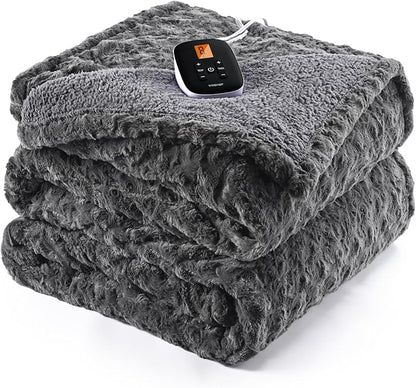WOOMER Heated Blanket Full Size 77" x 84", Electric Blanket with a Control, 0.5-12 Hours Timer & 10 Heating Levels, ETL Certified, Dark Grey Roses Patterns Faux Fur & Sherpa, Machine Washable