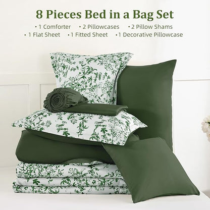WONGS BEDDING King Size Comforter Set, 8 Pieces Emerald Floral Bed in a Bag Comforter Sets, Botanical Print Soft Fluffy Microfiber Complete Bedding Sets for All Season (90"x104")