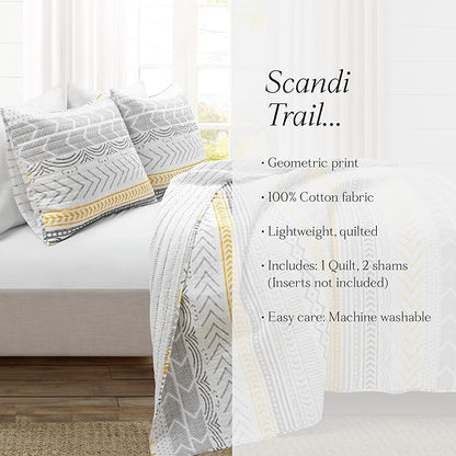 Lush Decor Hygge Geo Pattern Striped 3 Piece Quilt Bedding Set, King, Yellow
