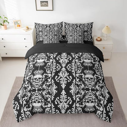 Erosebridal Sugar Skull Comforter Set 7 Piece Bed in a Bag Twin,Gothic Bedding Set,Black Grey Damask Bohemian Vintage Floral Comforter and Sheet Set,Goth Skeleton Antique Victorian Baroque Decor