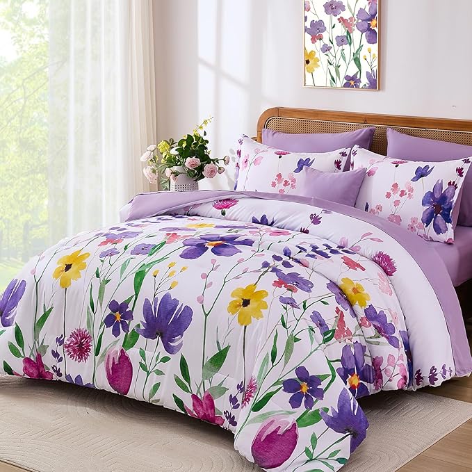 Annibedding Purple Queen Comforter Set, 8 Pieces Soft Microfiber Floral Bed in a Bag Comforter Bedding Set with Pillowcase and Sheets for All Season(90"x90")