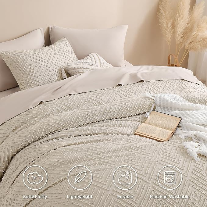 Andency Oversized King Comforter 128''x120'', 3 Pieces Oatmeal Boho Bedding Set & Collections, All Season Soft Farmhouse Tufted Fluffy Bed Set (1 Comforter, 2 Pillowcases)