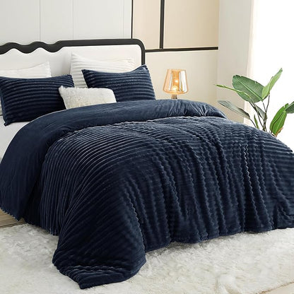 CozyLux Fluffy Queen Comforter Set - Super Soft Faux Fur Navy Blue Comforter Queen Size, Winter Warm Fleece Bedding Set, 3 Pieces Plush Fuzzy Bed Set (1 Shaggy Comforter, 2 Pillowcases)