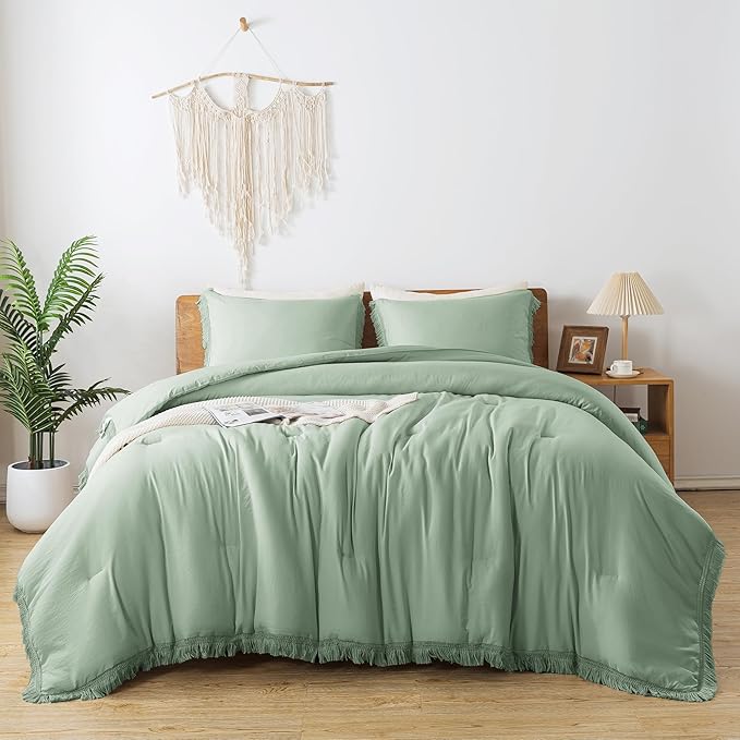 Andency Twin Comforter Set Sage Green, 2 Pieces Kids Comforter Sets for Boys Girls Teens, Boho Tassel Lightweight Winter Fluffy Bed Set (66x90In Comforter & 1 Pillowcase)
